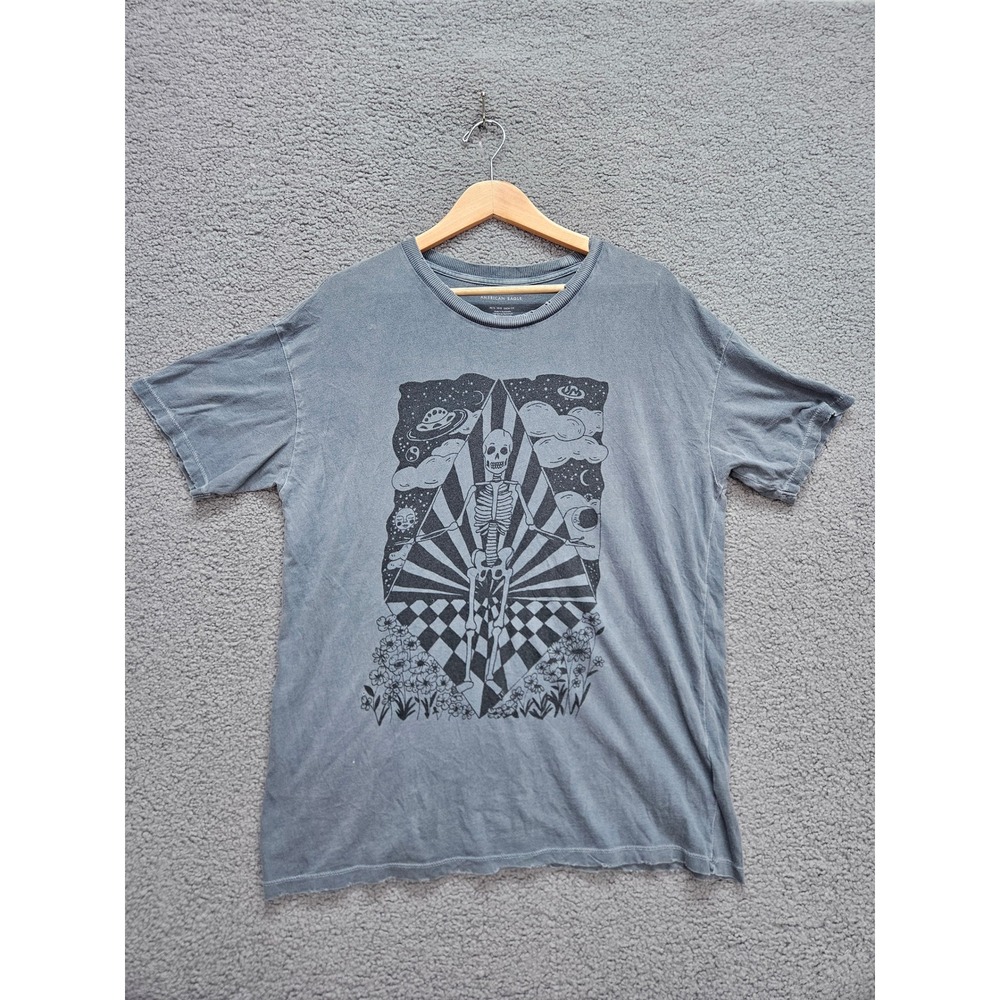 American Eagle Graphic T-Shirt XS/S Blue Skeleton UFO Space Grunge Distressed